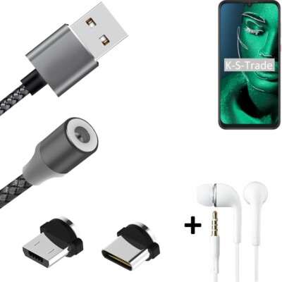 Magnet-Lade-Kabel + Kopfhörer für ZTE Blade 10 mit USB-Typ C u. Micro-USB 