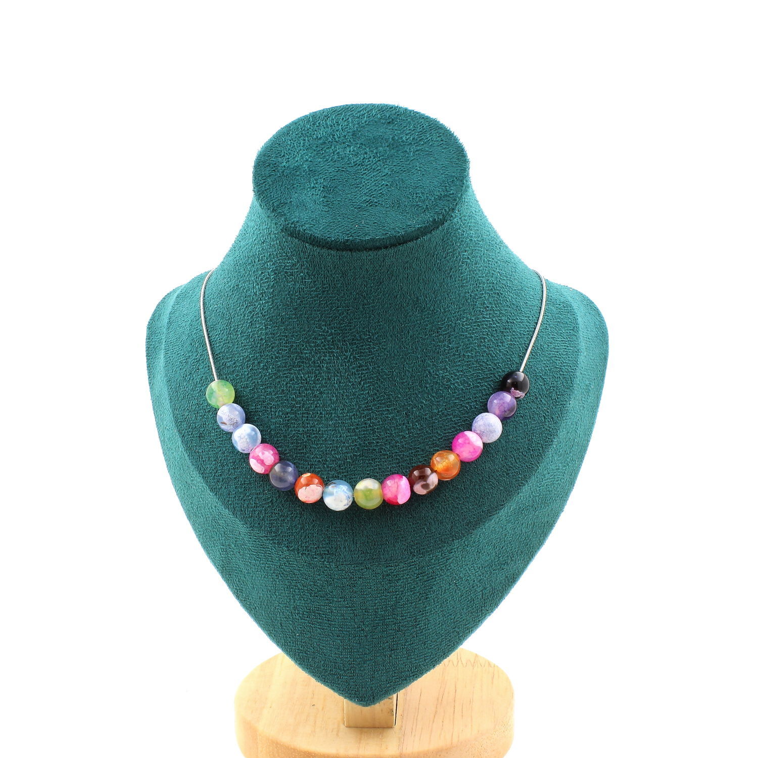 Collier d'exception 15 perles agate craquelée fuchsia et acier noble inoxydable