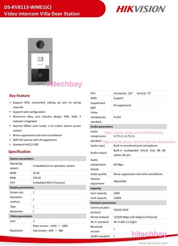 IP Video Intercom DS-KV8113-WME1(C) Door Station Doorbell PoE WiFi + Rain Cover - Afbeelding 3 van 5
