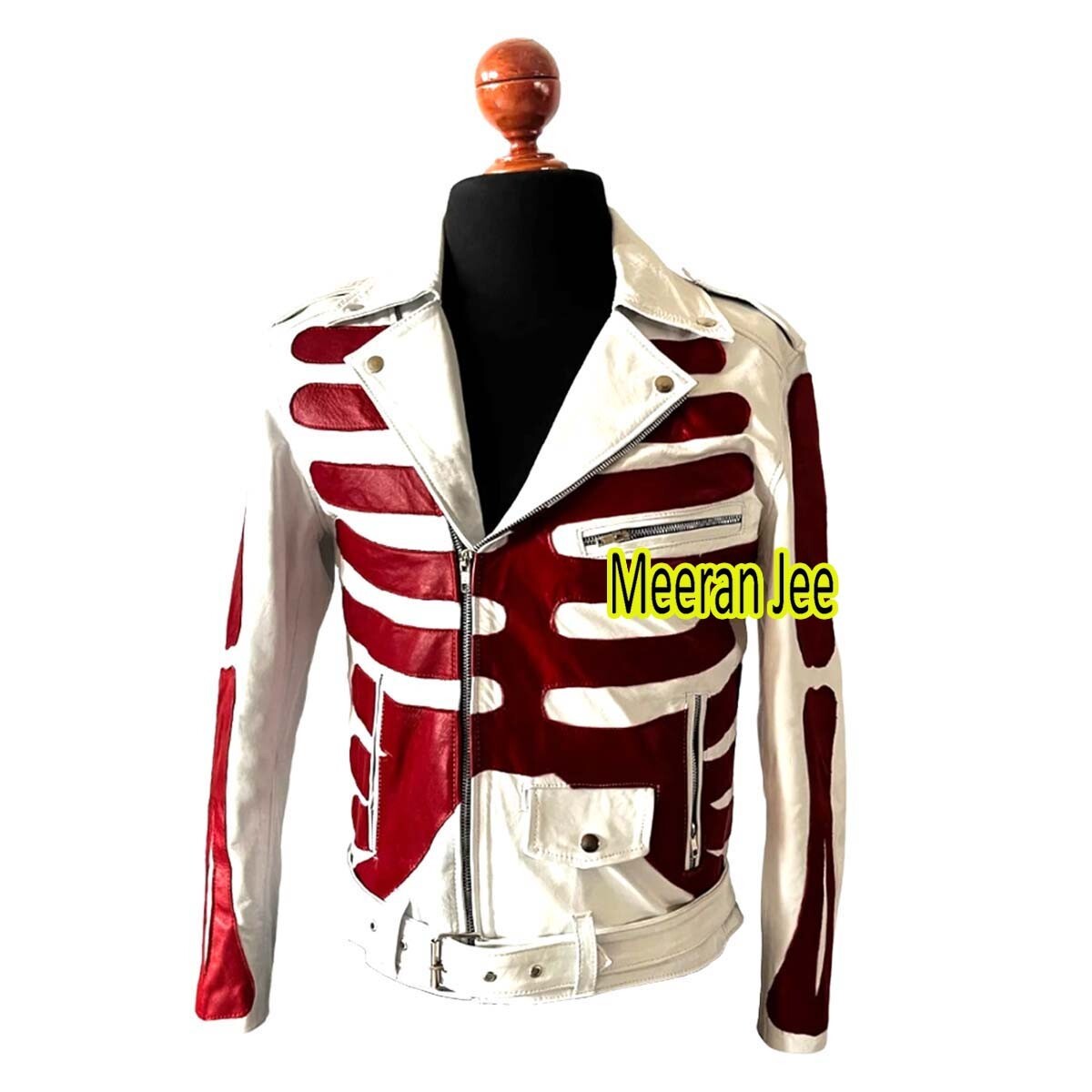 Men's Red White AXL Rose Skeleton Bones Motorcycle Leather Jacket Guns N  Roses