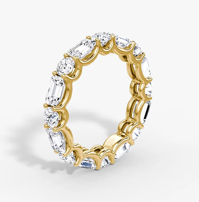 Anillo Banda de Eternidad Moissanita Probado Esmeralda y Redondo 6Ct Oro Amarillo 14K Sobre Foto 3 de 4