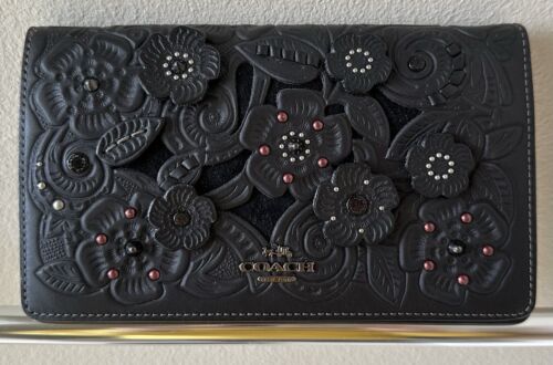 COACH TEA ROSE & TOOLING FOLD OVER BLACK CLUTCH/CROSSBODY MIXED LEATHERS 12057 - Picture 6 of 24