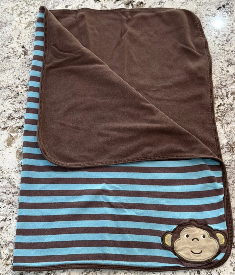 Carters обезьяна лицо хлопок ребенка прием одеяло один размер коричневый с синими полосками - Изображение 3 из 4
