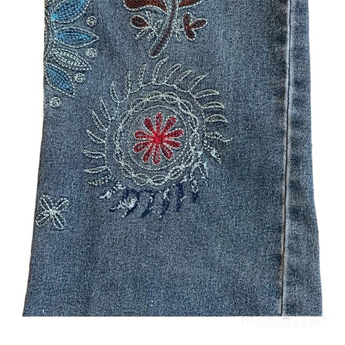Y2K Max Studio Bootcut Flare Jeans 4 Blue Dirty Wash Embroidered Low Rise Hippie - Picture 4 of 5