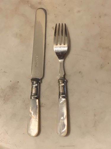 Antique 1900's sterling silver and mother of pearl 24 piece Dessert cutlery set - Foto 14 di 17