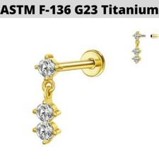 18G Titanium GOLD Internally Threaded 3 CZ Dangle TRAGUS Flatback Ear Lip Labret