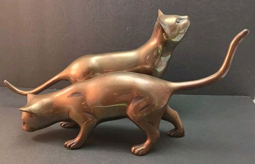 VTG Pair Bronze Cat Kitten Figurines Sculpture Statute Art Deco Style