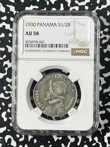 1930 Panama 1/2 Balboa NGC AU58 Lot#G9890 Silver!