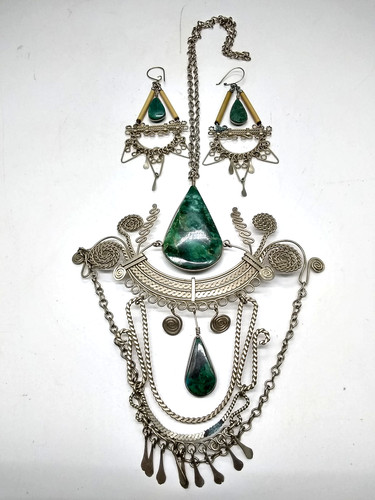 Vintage Peruvian Alpaca Silver Filigree Jewelry Set – Chrysocolla Gemstones