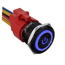 22mm Latching Push Button Switch 12V 10A Power Symbol Ring Black Shell-Blue