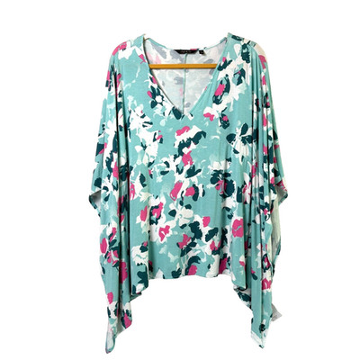 Iman Global Chic Poncho Top Size L Blue Pink Abstract Floral V Neck Pullover