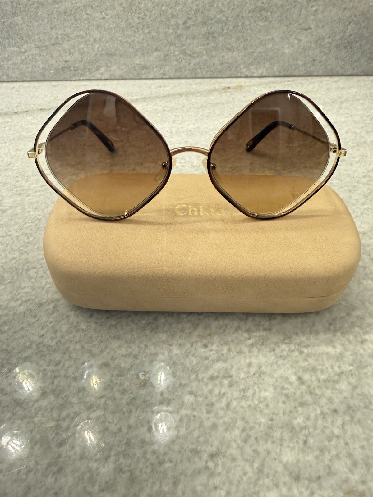 Chloé Oversized Geometric Gold Metal Frame Brown Gradient Women's Sunglasses