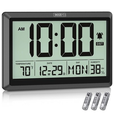 Xflyee 10.4'' Digital Wall Clock Battery Operated with Date/Temp/Week, Black