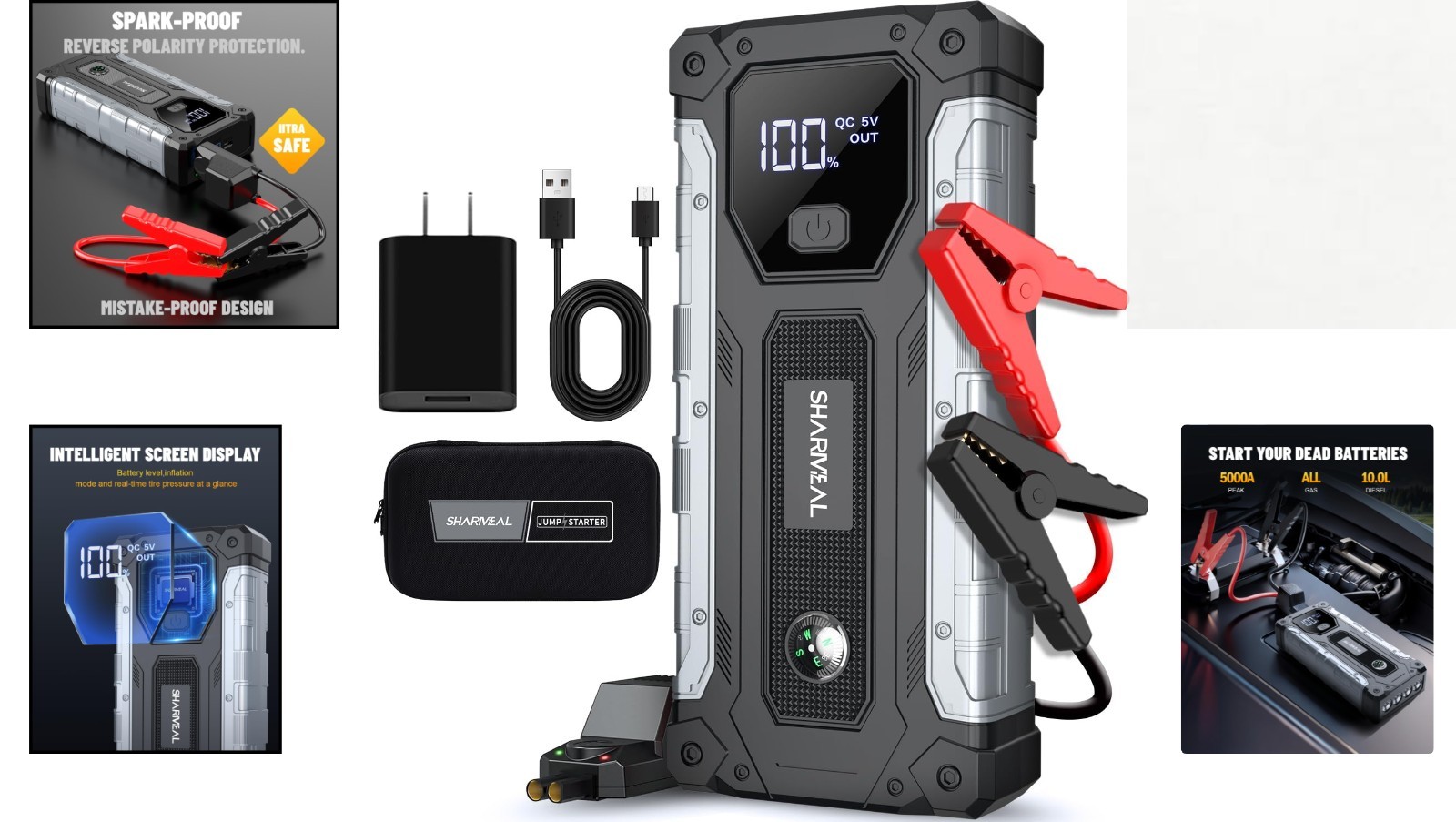 5000A Car Jump Starter with 400-Lumen LED, Portable Power Bank for All Vehicles