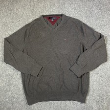 Tommy Hilfiger V Neck Sweater Men's XL Gray Cotton Pullover Long Sleeve Golf
