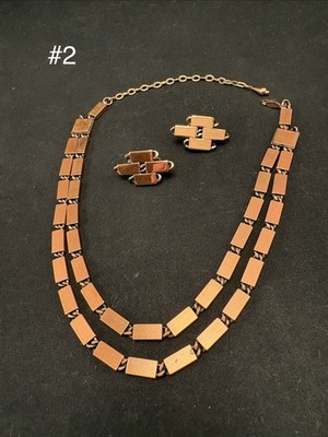 Vtg Renoir Copper 18  Rectangular Links Choker Double Necklace Clip Earring Set