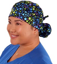 Banded Bouffant Ponytail Scrub Cap - Blue, Green and Purple Dots on Black