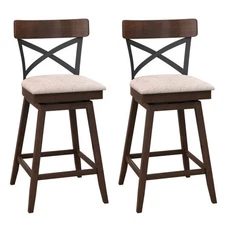 Set of 2 Wooden Swivel Bar Stools with Cushioned Seat and Open X Back-25 Inch - 