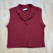 VTG Women  s Red Ribbed Sweater Vest Buttons Large USA Made Collar V Neck