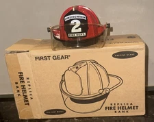 FiRST GEAR REPLICA FIRE HELMET BANK 6” long . Die-cast Metal