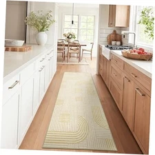  Washable Runner Rug, Soft Modern 2' x 5' (Rectangular) Abstract Yellow Beige