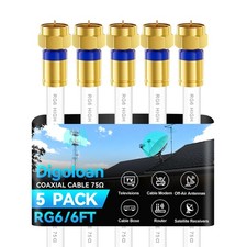 6ft Coaxial Cable 5-Pack, RG6, Gold Connector, High Speed for HD TV, Modem Wire