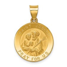 14k Yellow Gold Polished and Satin Hollow St Joseph Medal Round Pendant 1.3 g