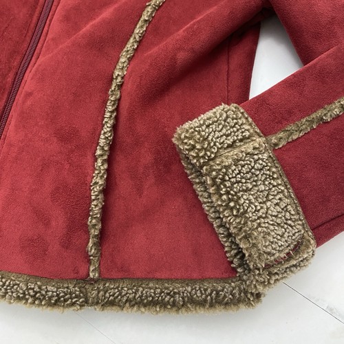 LL Bean Women Small Red Suede Brown Sherpa Lining Floral Embroidered Coat Jacket - Picture 5 of 12