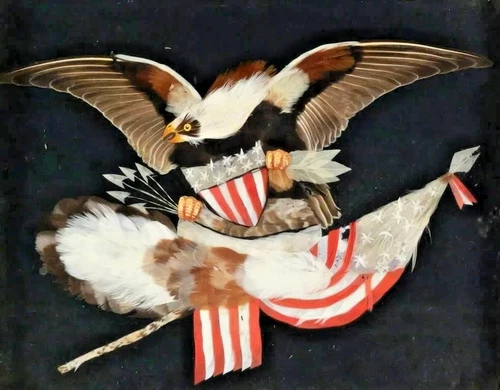 Civil War Era 1800's Unusual Patriotic Handmade Feather Artwork Eagle Flag Motif