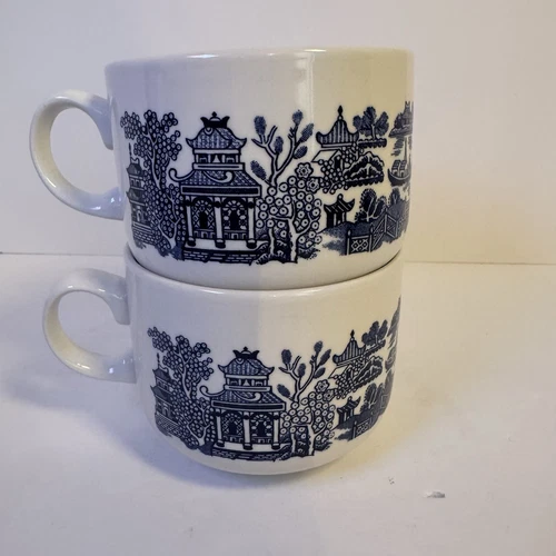 2 Churchill Blue Willow Oversized Coffee Soup Mugs Made in England Large Tea Cup