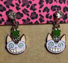Betsey Johnson Cute Enamel Cheshire Cat Dangle Earrings With Crystal Stud