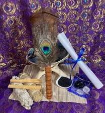 Handcrafted Smudge Kit: Peacock Feather Fan, White Sage, Palo Santo, Black Salt+
