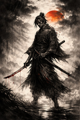 Ronin in der Abenddämmerung dunkler Samurai Krieger Poster Druck gerahmte Leinwand Wandbild