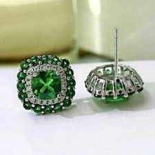 3Ct Lab-Created Green Emerald Diamond Halo Stud Earrings 14K White Gold Finish