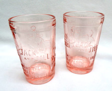 2 Vintage Tiara Glass Jack  Jill Child's Nursery Rhyme Pink Juice Tumblers MINT