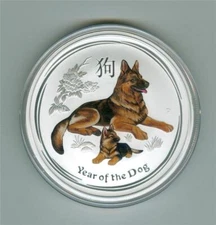 AUSTRALIA 2018 2 DOLLARS YEAR OF THE DOG COLORIZED 2 OZ. .9999 SILVER GEM BU