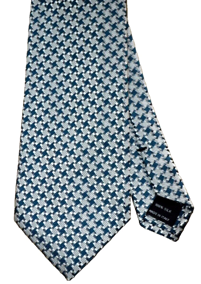 $250 NWT TOM FORD Silver w/teal houndstooth 3.9" men's woven silk neck tie Italy - Image 2 of 4