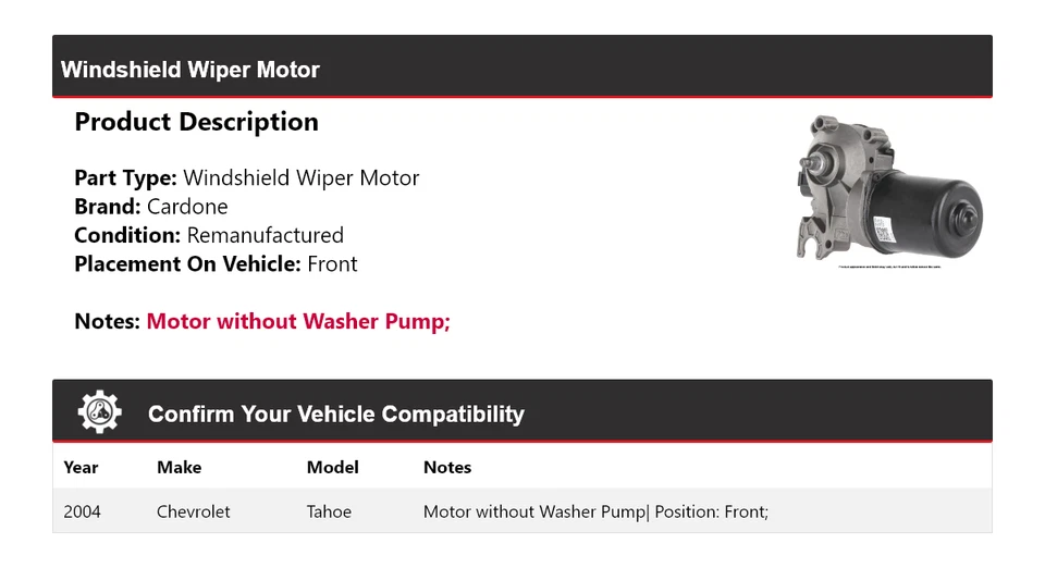 For 2004 Chevrolet Tahoe Windshield Wiper Motor Front Cardone - Image 2 of 4
