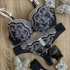 Bra/Panties Lace Plungle Set Sexy Lingerie Set 36C Blue