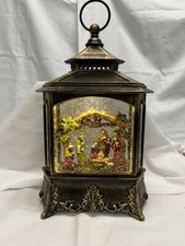 Christmas Nativity Scene Lantern Snow Globe Lights Up Golden Glitter 10"