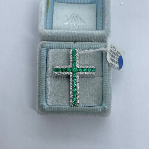 2Ct Round Cut Lab-Created Emerald Cross Pendant 14K White Gold Plated 18" Chain - Picture 8 of 8
