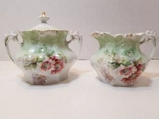 Vintage RS Germany Sugar Bowl And Creamer  Floral Arrangment With Gold Trim
