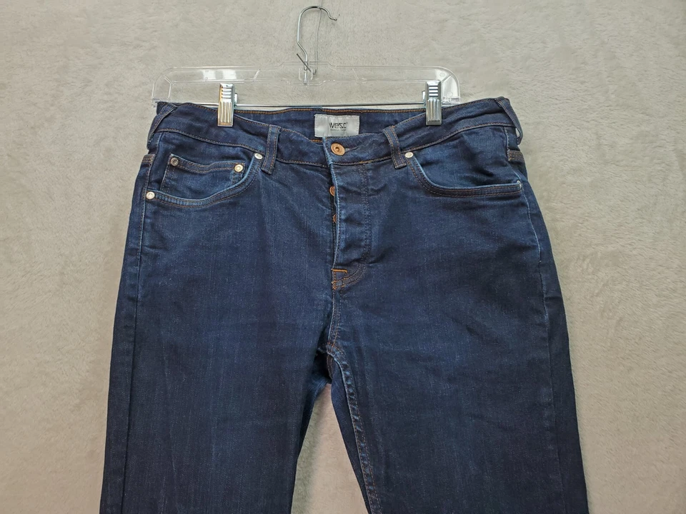 Pantalones de mezclilla WeSC para mujer talla 33 azul lavado oscuro frente plano pierna ajustada botón mosca Foto 4 de 4