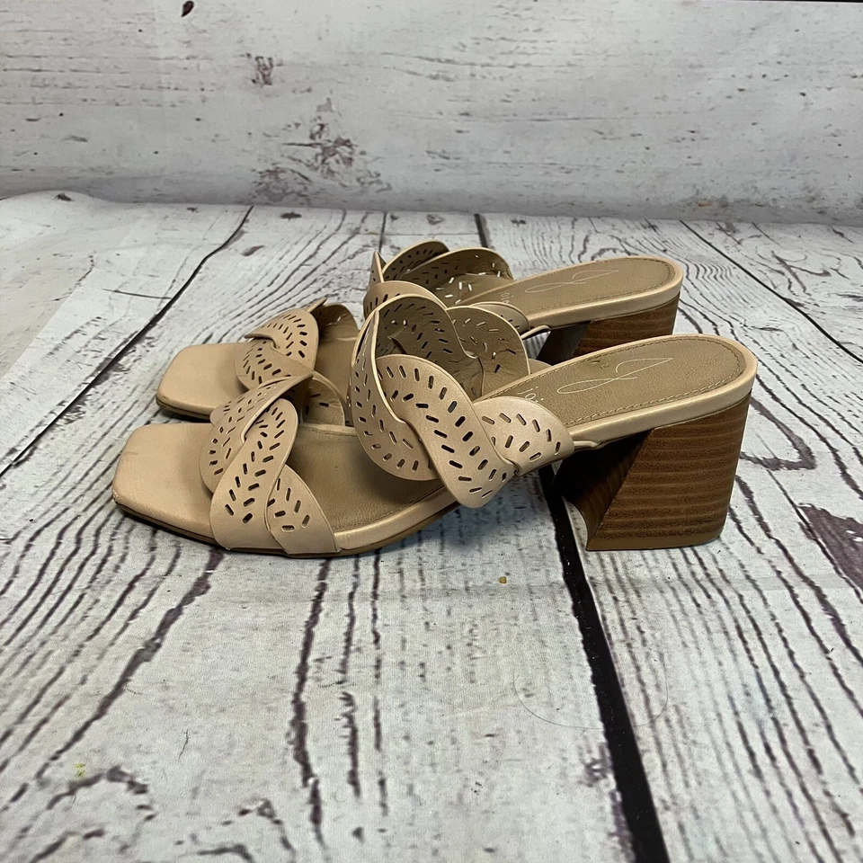 Сандалии-слайды женские JOIE Society размер 7 М желтовато-коричневые квадратный носок блочный каблук лазерная резка - Изображение 4 из 4