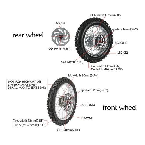 14" Front Wheel + 12" Rear Wheel Tire Fo Dirt Pit Bike Razor Apollo Coolster SSR - Picture 2 of 12