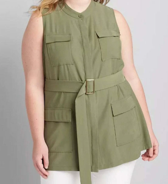 Lane Bryant Belted Utility Cargo Vest Olive Plus Size 22/24 NWT*