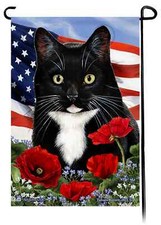 Tuxedo Cat Patriotic Flowers Garden Flag