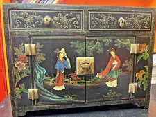 Mesa de gabinete oriental china asiática laca negra pintada a mano vintage 24x12x18