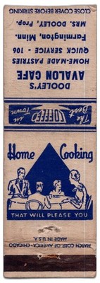 Avalon Cafe Farmington MN Home-Made Pastries, Best Coff 1940s Matchbook Cover 03