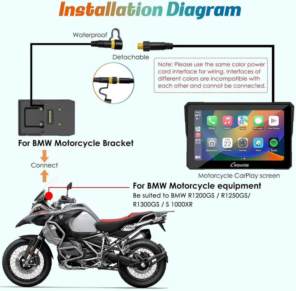 W702B Motorcycle Carplay Screen for BMW R1200GS R1250GS S1000XR Motorcycle, 7 in - Image 2 of 4